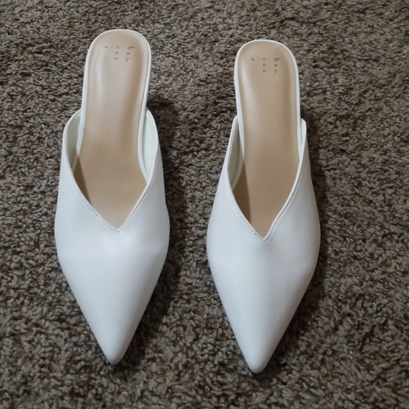 white pointed mule heels